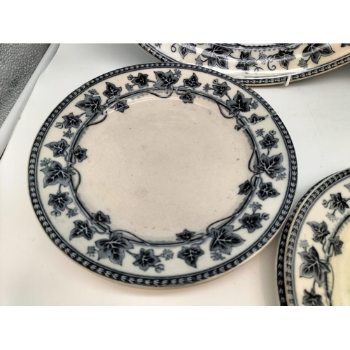 262 - c1860-1880 Wedgwood Ivy Pattern Blue and White Platters (2) plus Dinner Plates (6). Chip to One Plat... 