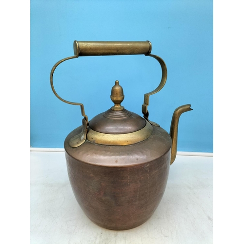 327 - Victorian Copper Kettle. With Handle Up 37cm High, 35cm Diameter.