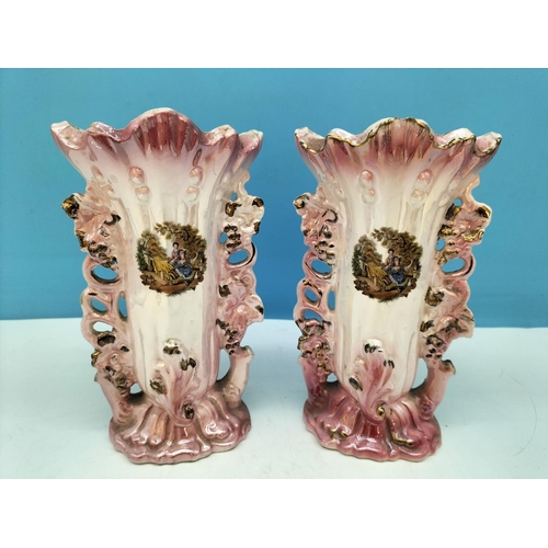 387 - Large 28cm Continental Pottery Footed Twin Handled Vase plus 2 x Smaller Spill Vases.