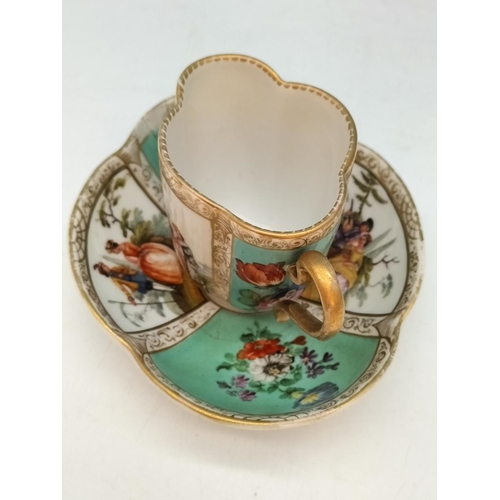 396 - c1870 Hand Painted Dresden Agustus Rex Coffee Cup and Saucer 'Watteau' Decoration. Saucer A/F.