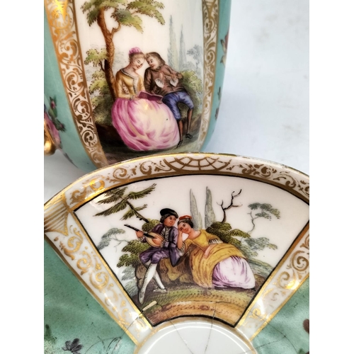 396 - c1870 Hand Painted Dresden Agustus Rex Coffee Cup and Saucer 'Watteau' Decoration. Saucer A/F.