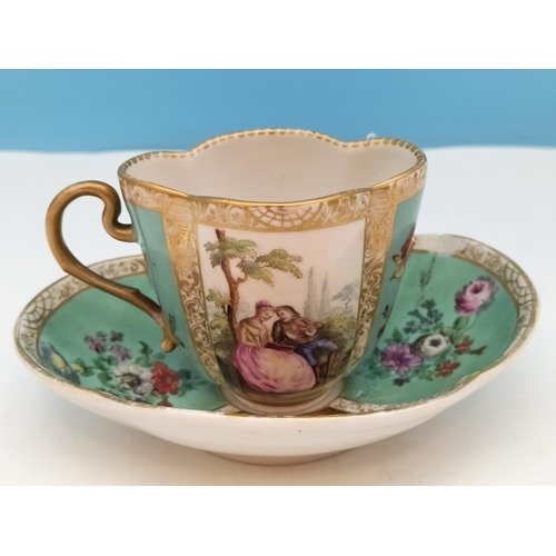 396 - c1870 Hand Painted Dresden Agustus Rex Coffee Cup and Saucer 'Watteau' Decoration. Saucer A/F.