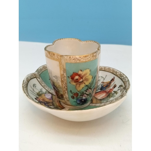 396 - c1870 Hand Painted Dresden Agustus Rex Coffee Cup and Saucer 'Watteau' Decoration. Saucer A/F.