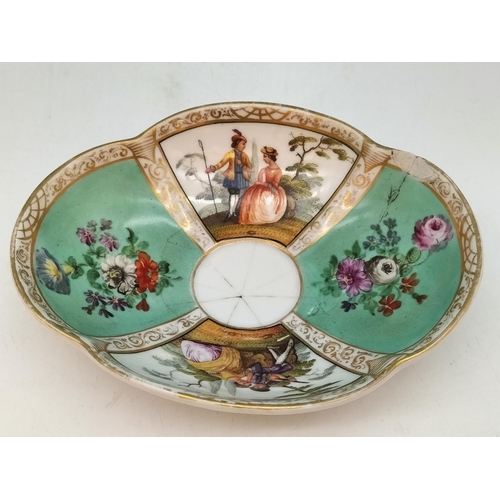 396 - c1870 Hand Painted Dresden Agustus Rex Coffee Cup and Saucer 'Watteau' Decoration. Saucer A/F.