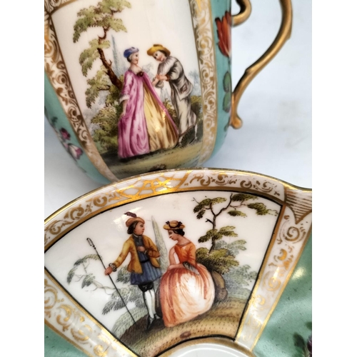 396 - c1870 Hand Painted Dresden Agustus Rex Coffee Cup and Saucer 'Watteau' Decoration. Saucer A/F.