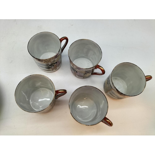 409 - Japanese Eggshell Porcelain 13 Piece Coffee Set. Nibble to Coffeepot Lid and Handle of Sugar.