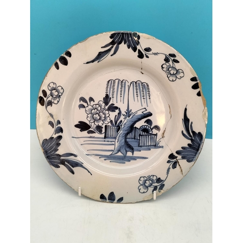 456 - c1740 Antique Delft Blue and White Tin Glazed Faience Pottery Plate with Fenced Peony and Willow Tre... 