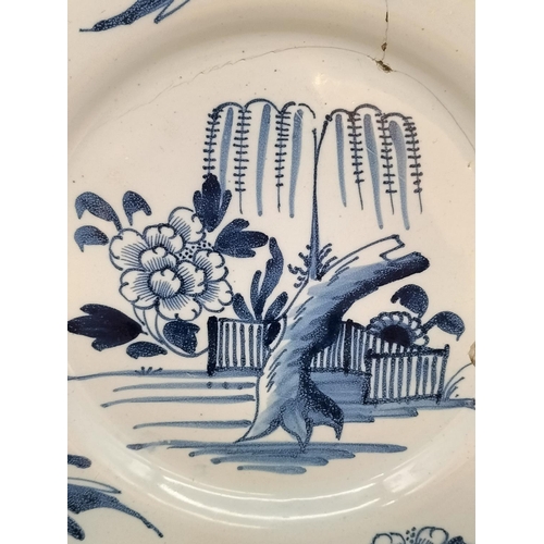 456 - c1740 Antique Delft Blue and White Tin Glazed Faience Pottery Plate with Fenced Peony and Willow Tre... 