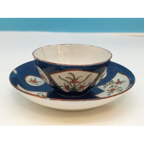 53 - First Period Worcester Powder Blue Tea Bowl and Saucer with Exotic Flowers Decoration c 1765. Hairli... 