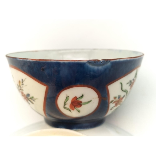 53 - First Period Worcester Powder Blue Tea Bowl and Saucer with Exotic Flowers Decoration c 1765. Hairli... 