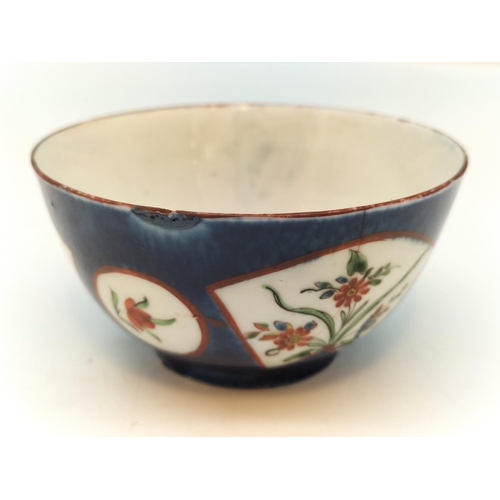 53 - First Period Worcester Powder Blue Tea Bowl and Saucer with Exotic Flowers Decoration c 1765. Hairli... 