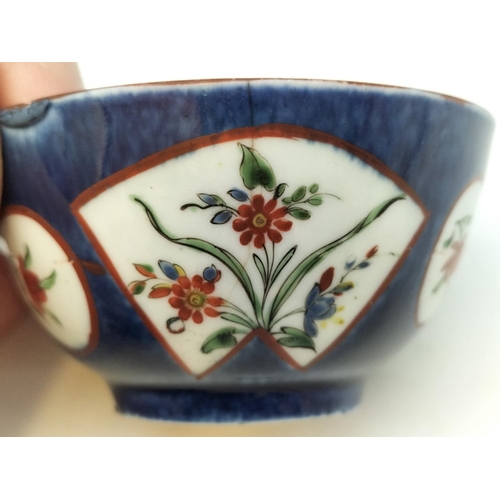 53 - First Period Worcester Powder Blue Tea Bowl and Saucer with Exotic Flowers Decoration c 1765. Hairli... 