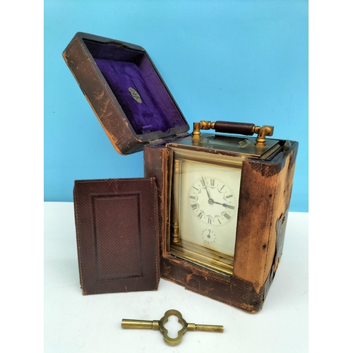 62 - 19th Century French Brass Carriage Clock in Original Case with Key. Retailed by Alex Duncan, Glasgow... 