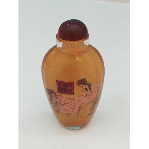 372 - Chinese Snuff Bottles (2) with Erotic and Oriental Scenes. One Bone and One Glass. Tallest 7.5cm.