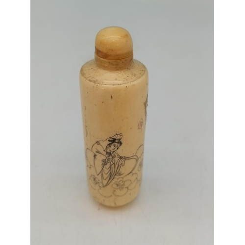 372 - Chinese Snuff Bottles (2) with Erotic and Oriental Scenes. One Bone and One Glass. Tallest 7.5cm.