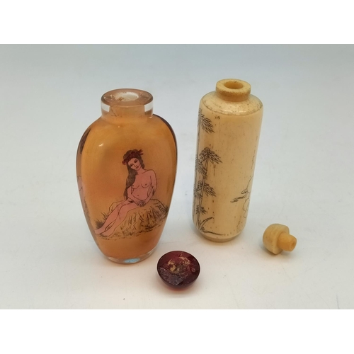 372 - Chinese Snuff Bottles (2) with Erotic and Oriental Scenes. One Bone and One Glass. Tallest 7.5cm.