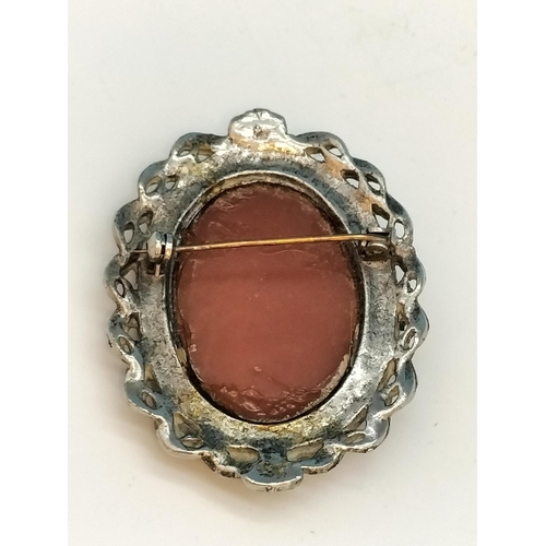 132 - Vintage Carved Shell Cameo Brooch in a White Metal Marcasite Frame c1920.