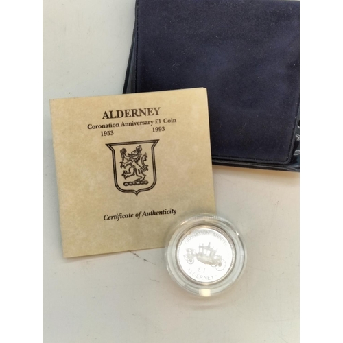 134 - Cased Royal Mint Silver 'Alderney Coronation Anniversary' One Pound Coin 1993 with C.O.A. Mint Issue... 