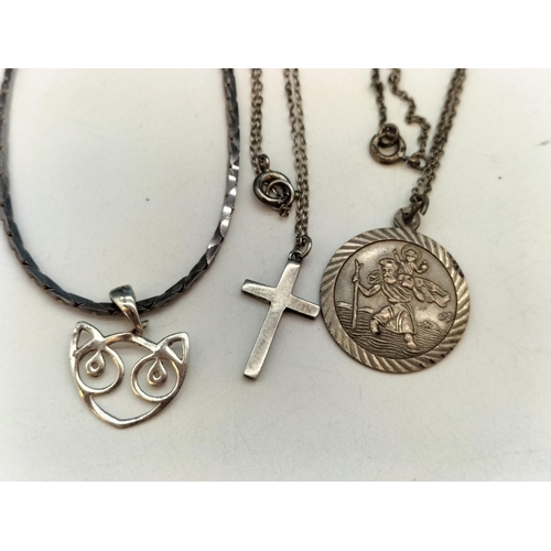 211 - Silver 925 Chains and Pendants (3) to include Cross, St Christopher and Owl. Longest 18