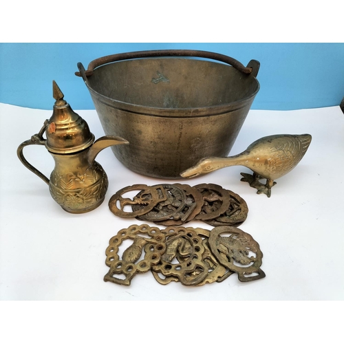 271 - Brass Jam Pan, Horse Brasses, etc. Pan stands 16cm High, 26cm Diameter.