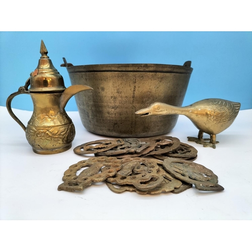 271 - Brass Jam Pan, Horse Brasses, etc. Pan stands 16cm High, 26cm Diameter.