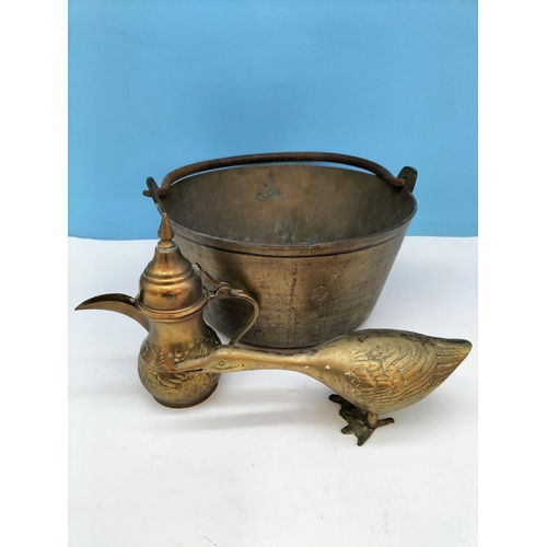 271 - Brass Jam Pan, Horse Brasses, etc. Pan stands 16cm High, 26cm Diameter.