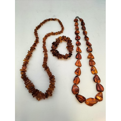 280 - 2 x Polished Clear Amber Necklace and Bracelet Set plus Raw Amber Necklace. Longest Necklace 24