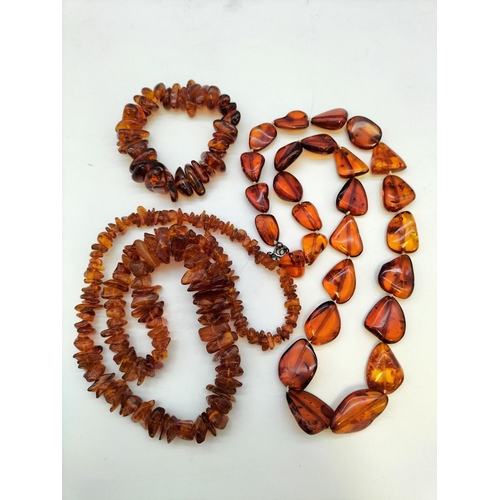 280 - 2 x Polished Clear Amber Necklace and Bracelet Set plus Raw Amber Necklace. Longest Necklace 24