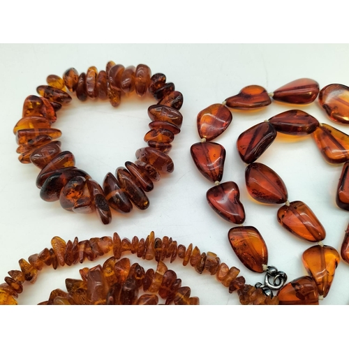 280 - 2 x Polished Clear Amber Necklace and Bracelet Set plus Raw Amber Necklace. Longest Necklace 24