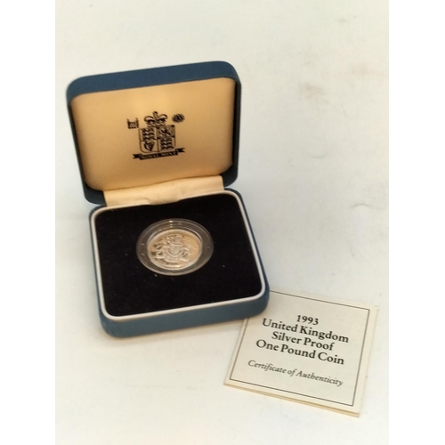 31 - Cased Royal Mint 1993 Silver Proof One Pound Coin with C.O.A.