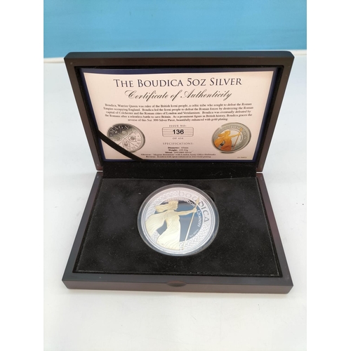 7 - Wooden Cased Limited Edition 5oz Silver 'The Boudica' Coin Enhanced with Gold Plating with Certifica... 