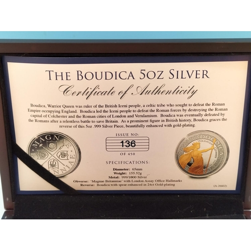 7 - Wooden Cased Limited Edition 5oz Silver 'The Boudica' Coin Enhanced with Gold Plating with Certifica... 