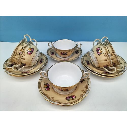 128 - c1900 Copeland Spode Hand Painted Twin Handles Loving/Chocolate Cups and Saucers (6) in a Pink and Y... 