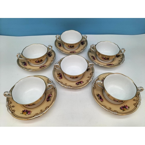 128 - c1900 Copeland Spode Hand Painted Twin Handles Loving/Chocolate Cups and Saucers (6) in a Pink and Y... 