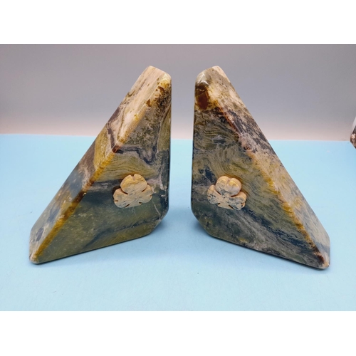 136 - Pair of Moss Agate Bookends with Shamrock Design. Each 15cm High, 12cm x 5cm.