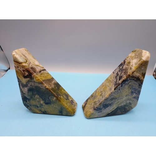 136 - Pair of Moss Agate Bookends with Shamrock Design. Each 15cm High, 12cm x 5cm.