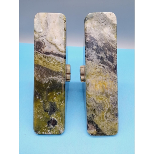 136 - Pair of Moss Agate Bookends with Shamrock Design. Each 15cm High, 12cm x 5cm.