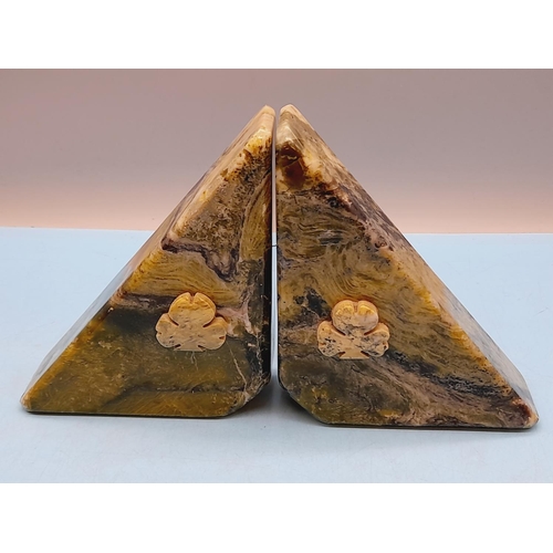 136 - Pair of Moss Agate Bookends with Shamrock Design. Each 15cm High, 12cm x 5cm.