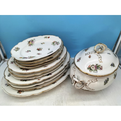 181 - Late 19th Century 'Dresden Spray' Part Dinner Set (12) to include Meat Platters, Oval Plates, Lidded... 