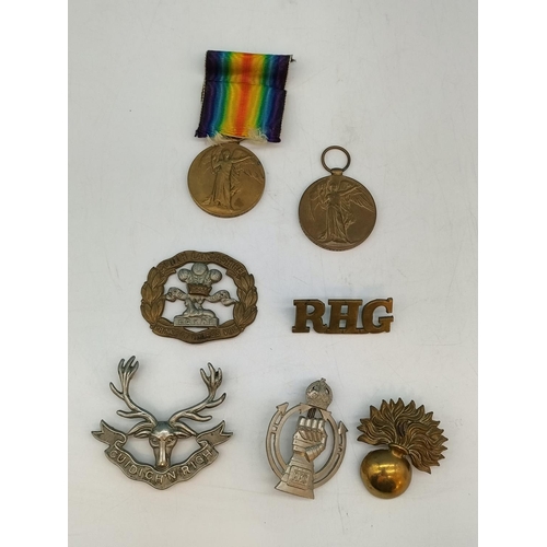 19 - Collection of Military Cap Badges plus 2 x Great War Medals for 40464 P.T.E. F.Kent N Staffs R and 2... 