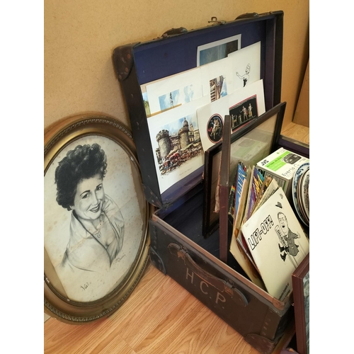 190 - Old Trunk with Contents to include Pottery, Pictures, Prints, Plates, etc. Trunk Size 32cm High, 76c... 