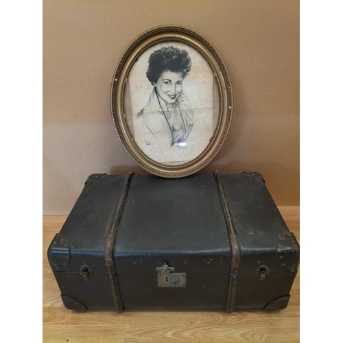 190 - Old Trunk with Contents to include Pottery, Pictures, Prints, Plates, etc. Trunk Size 32cm High, 76c... 