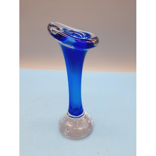 246 - Swedish Mid Century Blue Glass 14cm Bud Vase with Controlled Bubble Base. Designed by Aseda Glasbruk... 