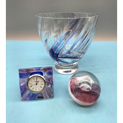 296 - Vintage Caithness Glass Items (3) to include Twisted Studio Art Striped Vase, Paperweight and Pyrami... 