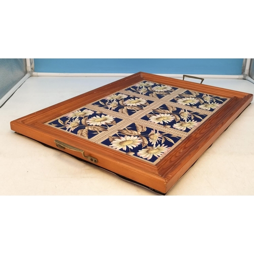 316 - Vintage Art Nouveau Style Tile Tray with Brass Handles. 54cm x 49cm.