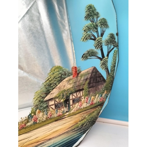 400 - Victorian 12 Sided Hand Painted Mirror with Cottage Landscape Scene. 54cm Diameter.