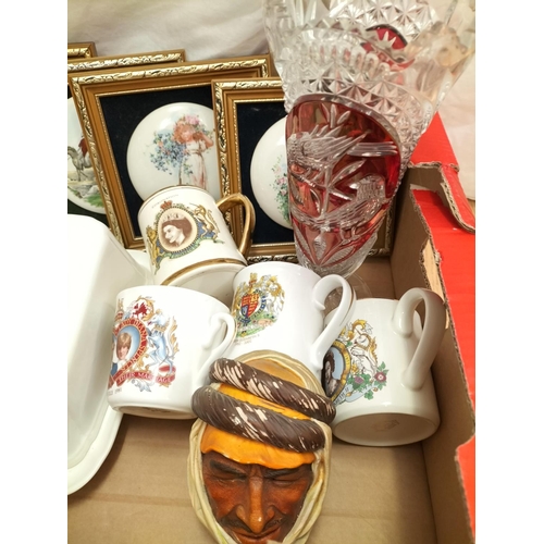 434 - Box of Ceramics and Glass to include Commemorative Ware Cups, Bohemia Glass Vase, Victorian Butter D... 