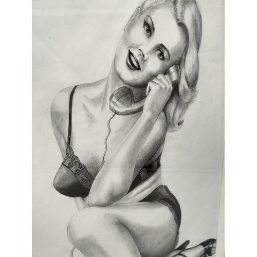 466 - Framed Pencil Drawing of a Semi Naked Lady on Telephone. 54cm x 43cm.