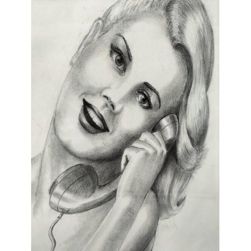 466 - Framed Pencil Drawing of a Semi Naked Lady on Telephone. 54cm x 43cm.