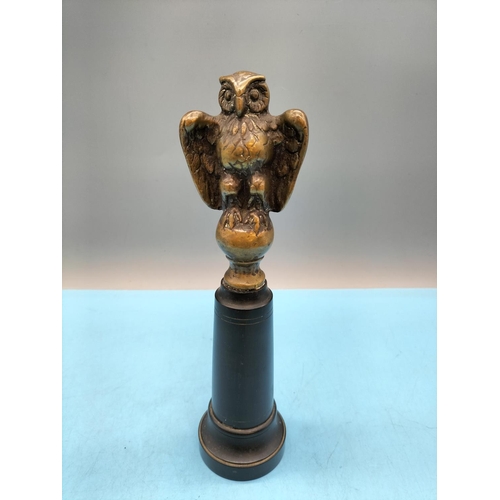 60 - Desktop Bronze Owl on Ebony Base which when Unscrewed Reveals Hidden Glass Vial, possibly for Poison... 